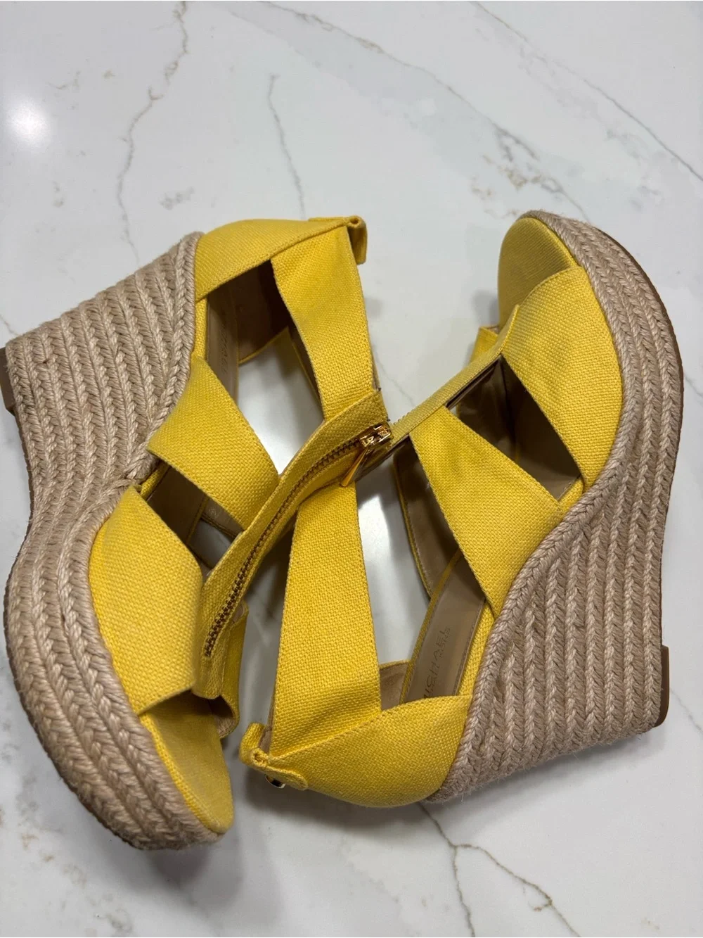 MICHAEL Michael Kors Yellow Espadrille Wedge Sandals with Front Zip Detail